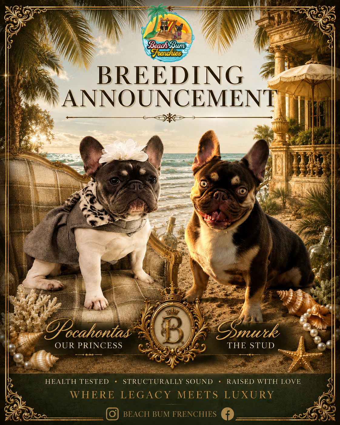 Beach Bum Frenchies breeding announcement — Pocahontas x Smurk